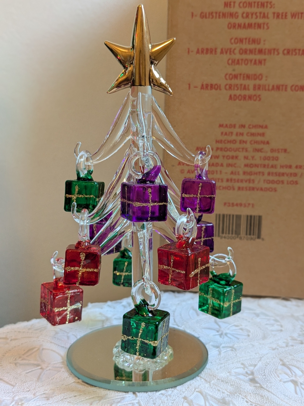 Avon Glass‎ Holiday Tree with Red, Green and Purple Gift Ornaments